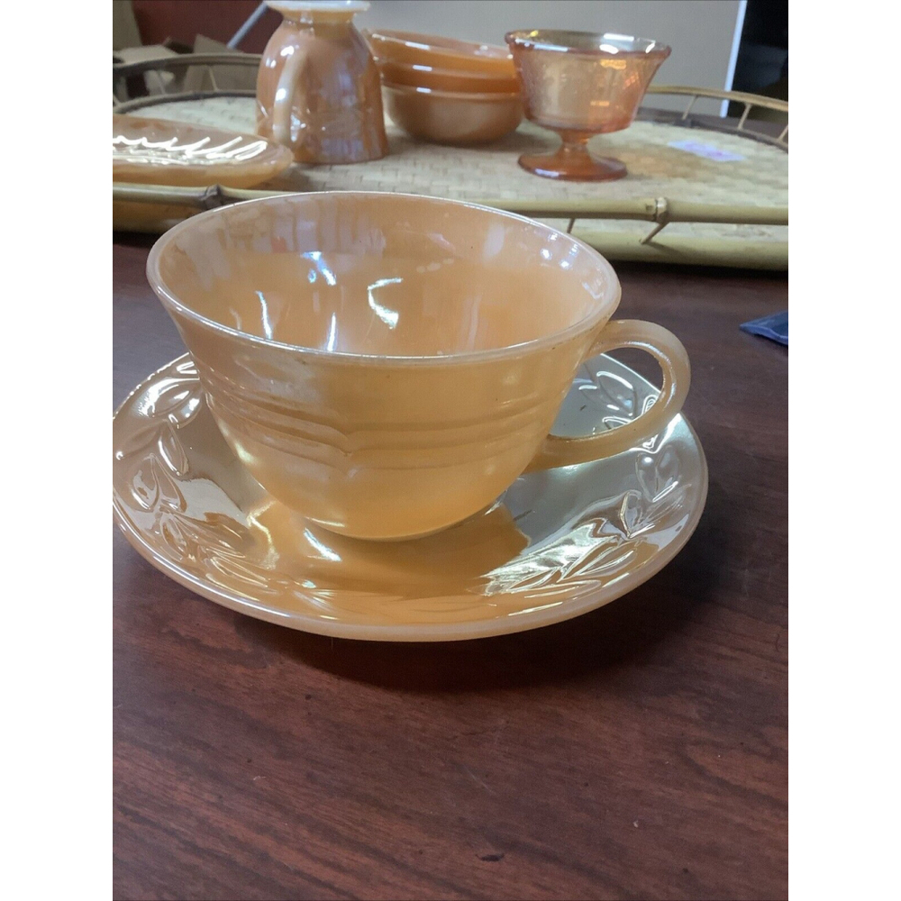 Vintage Fire King Peach Luster Leaf Tea Cup & Saucer S2